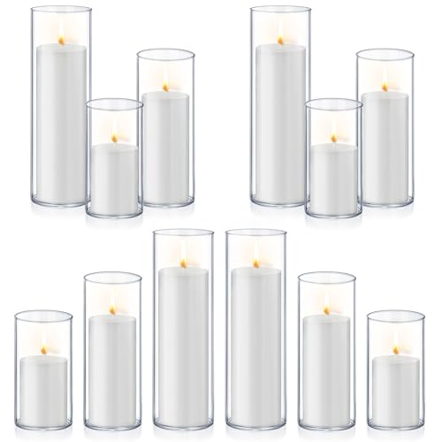 Homjoy 24 PCS White Pillar Candles with Glass Candle Holders Clear Hurricane Candle Holders Glass Cylinder Vases for Centerpieces Wedding Party, Event, Home Office (12 Candles+12 Candle Hoders) - style: 24 PCS White