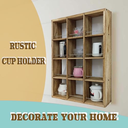 12 Grid coffee mug display shelf, 17x25" Wooden cup shelf for wall, Carbon - color: Carbon