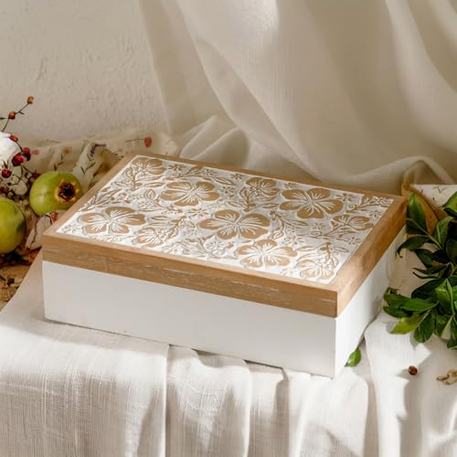 Wooden Keepsake Box - Decorative Floral Wood Boxes with Hinged Lid, Flower Engraved Design, 10.24" W
