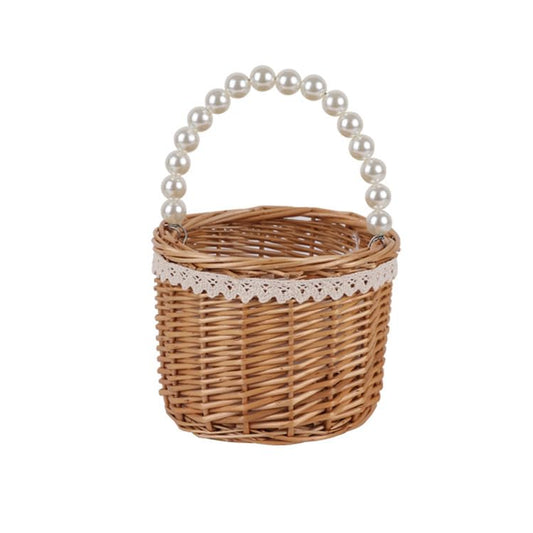 Rustic Wicker Rattan Wedding Flower Girl Baskets,Woven Rattan Storage Basket with Pearl Handles,Woven Eggs Candy Basket for Wedding Home Garden Decor (F) - color: F