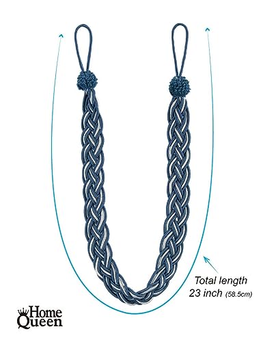 Home Queen Hand Braided Curtain Tie Back, Buckle Holdback Drapery Curtain Tiebacks, 4 Rope Belt Curtain Tie with 4 Metal Hooks, Navy and Silver - color: Navy+silver, size: 4 Pack
