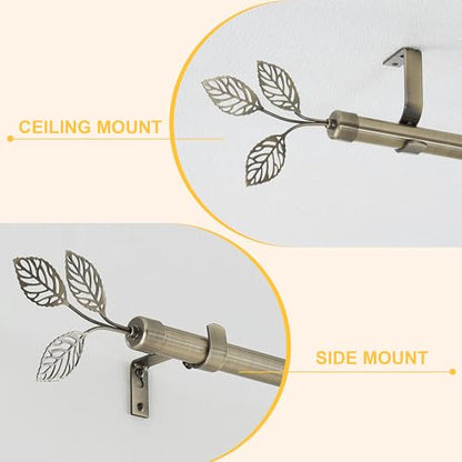 RYB HOME Brass Curtain Rod, 1 Inch Long Steel Telescoping Leaf Design - color: Antique Brass, size: 72-144"