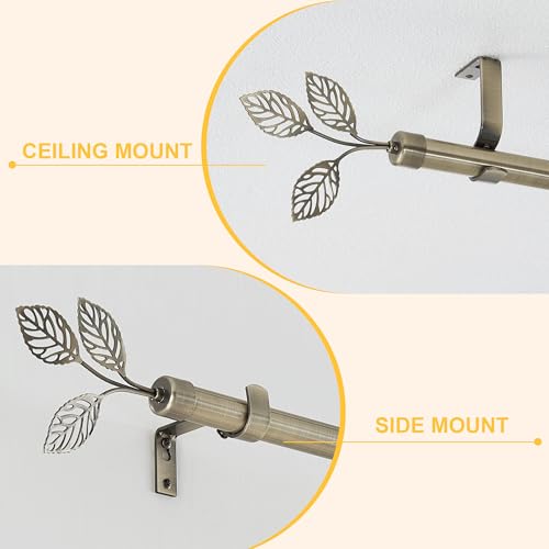 RYB HOME Antique Brass Curtain Rod 1 Inch Adjustable Heavy Duty Leaf Finial - color: Antique Brass, size: 48-86"