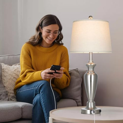30" Tall Silver Table Lamps Set of 2 for Living Room, Touch Control Bedside Lamps for Nightstand, 3-Way Dimmable Bedroom Table Lamp with USB A+C Ports and AC Outlet (2 LED Bulbs Included) - color: Silver - 30"H