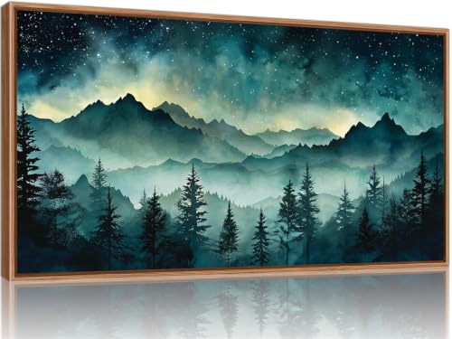 Tinonedraw Misty Mountain Framed Canvas Wall Art, Nature Forest Green Pine Tree Wall Decor, Starry Night Art Paintings, Horizontal Modern Dark Night Woodland Art Prints for Bedroom Living Room 20"x40" - color: Dark Night woodland, size: 40"L x 20"W