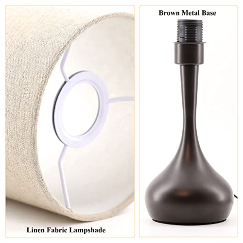KUNJOULAM Modern Table Lamp Brown Base, 17.3" Small Desk Light with Metal Droplet, Cylinder Linen Drum Shade, Nightstand Lamp for Bedroom Living Room Nightstand Office