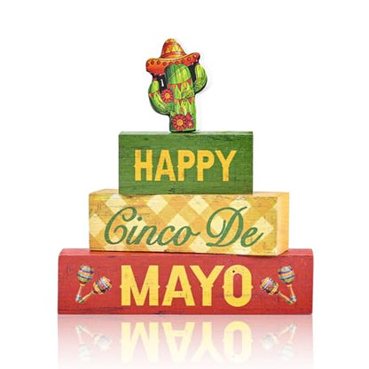 Smile Happy Cinco De Mayo Wooden Block Stack with Cactus Decor, Mexican Fiesta Tiered Tray Tabletop Sign for Cinco De Mayo Party Decorations - style: Cactus