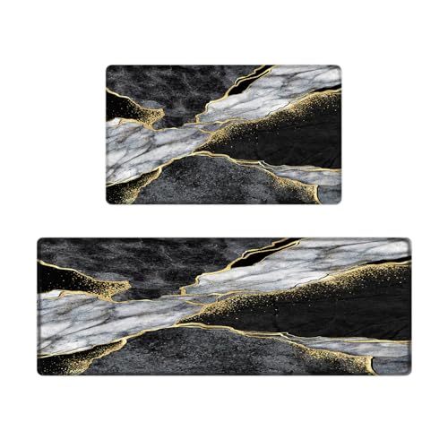 Kitchen Mats Set of 2, Cushioned Anti Fatigue Non Slip Waterproof Runner, Black Gray Marble and Golden Pattern, PVC Memory Foam for Kitchen Sink and Laundry - color: Black Marble 3