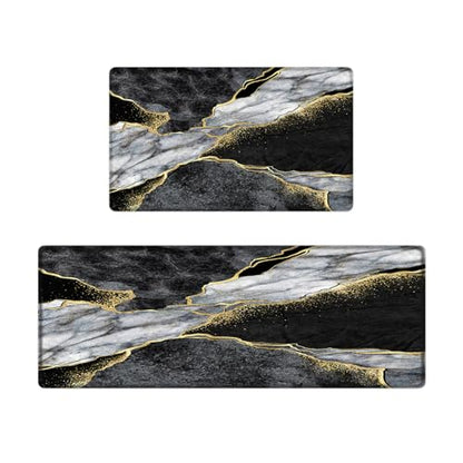 Kitchen Mats Set of 2, Cushioned Anti Fatigue Non Slip Waterproof Runner, Black Gray Marble and Golden Pattern, PVC Memory Foam for Kitchen Sink and Laundry - color: Black Marble 3