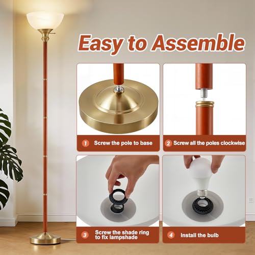 EJIAXIN 72" Wood Torchiere Floor Lamp with Glass Shade Gold Standing Lamp - color: Gold