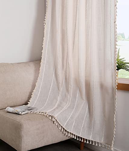 RoomTalks Boho Curtains for Bedroom Living Room 63 Inch Length Freanch Country Modern Farmhouse Window Curtain Panels Embroidery Striped Bohemian Tassel Draperies (63’’L x 52’’W, Beige) - color: Beige, size: 52"W x 63"L (Pack of 2)