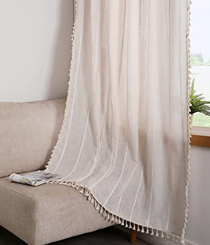 RoomTalks Boho Curtains for Bedroom Living Room 63 Inch Length Freanch Country Modern Farmhouse Window Curtain Panels Embroidery Striped Bohemian Tassel Draperies (63’’L x 52’’W, Beige) - color: Beige, size: 52"W x 63"L (Pack of 2)