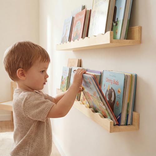 Fun Memories Picture Ledge Shelf for Wall, 24 inch Pine Wood Nursery Book Shelves Set of 2- Wall Book Shelves for Kids Room, Home Decor - Kitchen Spice-Natural. - color: Natural, size: 24", Set of 2