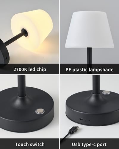 PUSU Cordless LED Black Small Table Lamp, Waterproof Shower Desk lamp - color: Matte Black (Metal + PE Plastic)