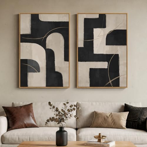 Large Framed Neutral Black and Beige Abstract Wall Art Set of 2, 24x36 In - color: Black and Beige Block, size: 24" W x 36" H x 2Pcs