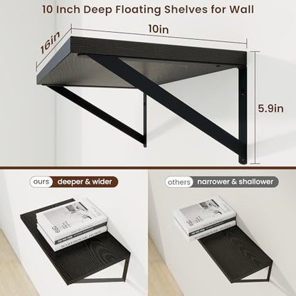 Axeman Deep Floating Shelves, 16'' x 10'' Black Wall Shelves Set of 2 - color: Black, size: 16W x 10D
