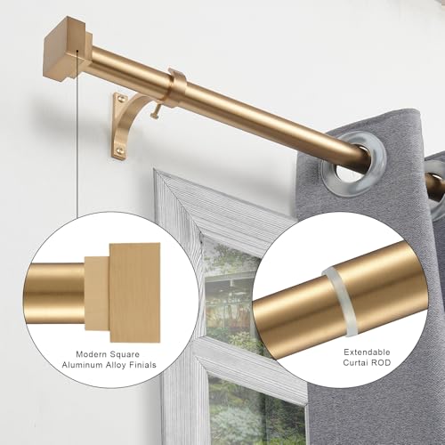 Single Curtain Rods for Windows 28 to 48 Inch(2.3-4ft),1 Inch Diameter Adjustable Heavy Duty Drapery Rods,with Modern Square Aluminum Alloy Finials,Warm Gold - color: Warm Gold, size: 28-48"