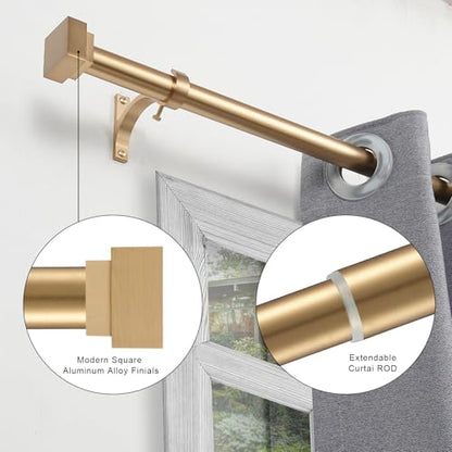 Single Curtain Rods for Windows 28 to 48 Inch(2.3-4ft),1 Inch Diameter Adjustable Heavy Duty Drapery Rods,with Modern Square Aluminum Alloy Finials,Warm Gold - color: Warm Gold, size: 28-48"
