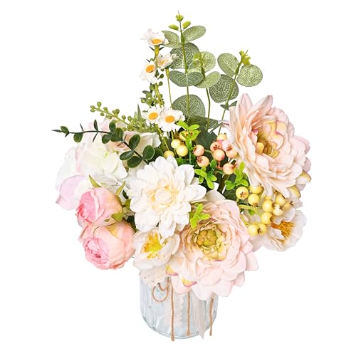 LUEUR Artificial Hydrangea in Vase, Silk Pink Dahlia Flower Bouquet - color: Pink