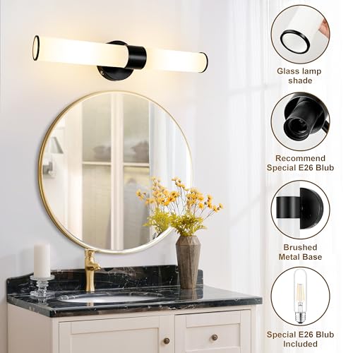 Black Battery Operated Wall Sconces Set of 2 with White Glass Lamp Shade - color: Black（White Glass）