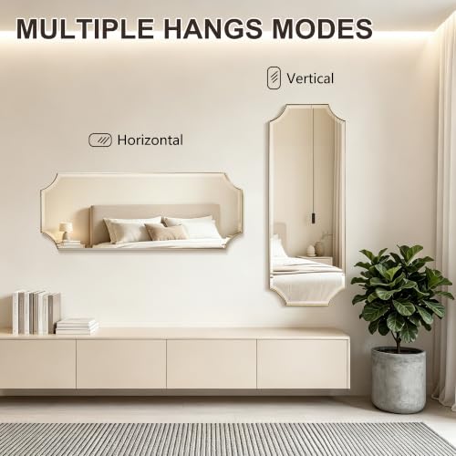 POZINO 48"x18" Premium Brushed Gold Rectangle Wall Mirror with Beveled Edge - color: Brushed Gold Scalloped, size: 48"L x 18"W