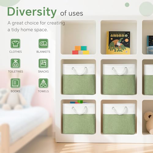 FinishingBo 11 inch Cube Storage Bin with Handles 6 Pack - color: White/Green-6 Pack