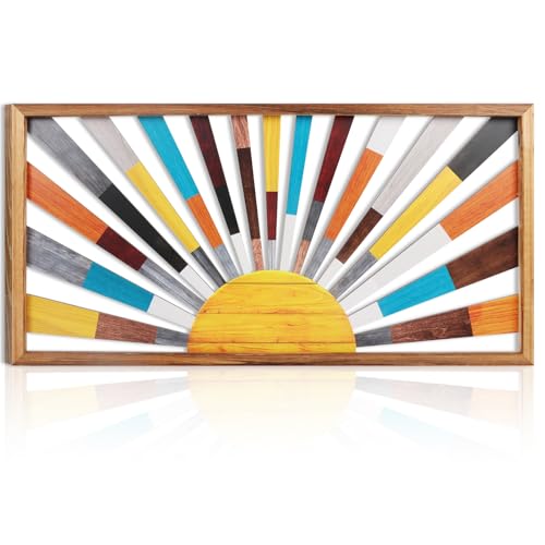 IARTTOP Large Boho Sun Wall Art Framed Wooden Art Wall Decor Rainbow Sun Rising On The Horizon Geometric Line Sunshine Wall Art for Living Room Bedroom Office 16"x32" - color: Colorful Sun, size: 32"L x 16"W