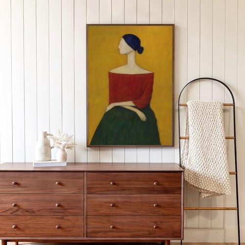 Vintage Women Canvas Wall Art Retro Portrait of a Young Woman Painting Print Bold Red and Emerald Green Female Poster Artwork Mid Century Figurative Oil Painting for Home Wall Decor-16" x 24" UNFRAMED - color: Young Woman