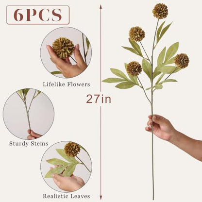 6 Pcs 27"Artificial Fall Pompon Mum Flower Stems for Vase (Autumn Orange) - color: Autumn Orange