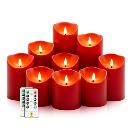 Nimiko Flameless Candles with Remote, Battery Operated Flickering Flameless Candles, LED Candles with Timer 2/4/6/8H, with Realistic LED Candles Set of 9 (D3 x H 3" 4" 5" 6" 7") (Red) - color: Red