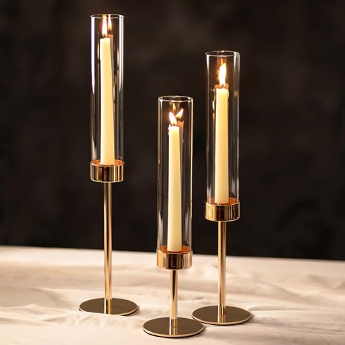 NUPTIO Hurricane Candlestick Holders for Centerpiece, Taper Candle Holders - color: Gold - Clear, size: 3pcs