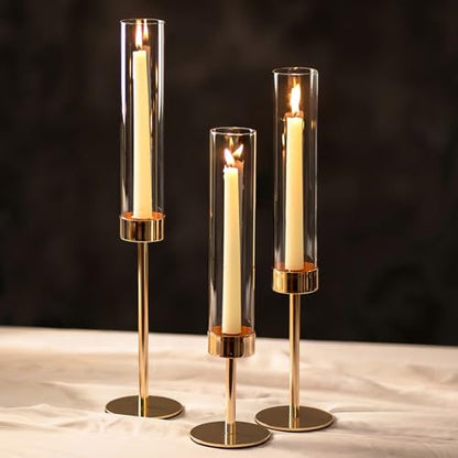 NUPTIO Hurricane Candlestick Holders for Centerpiece, Taper Candle Holders - color: Gold - Clear, size: 3pcs