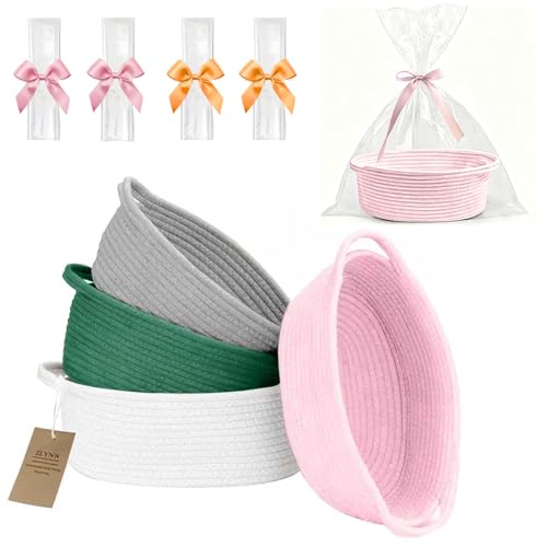 4PCS Woven Baskets Organizing Cotton Rope with Handle Empty Basket with Bags and Ribbon for Baby Birthday Christmas Easter Housewarming Newborns Wedding(12" x 8" x 5") - color: White,Grey,Pink,Green