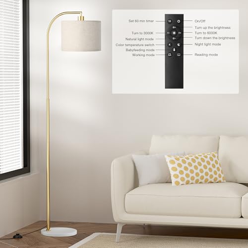 Ambimall Arc Floor Lamp with Remote and Stepless Dimmable Bulb, Colors Temperature & Brightness Adjustable, Gold Pole & Marble Base - color: gold & marble