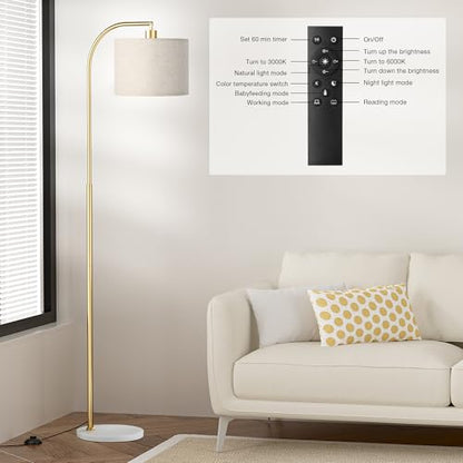 Ambimall Arc Floor Lamp with Remote and Stepless Dimmable Bulb, Colors Temperature & Brightness Adjustable, Gold Pole & Marble Base - color: gold & marble