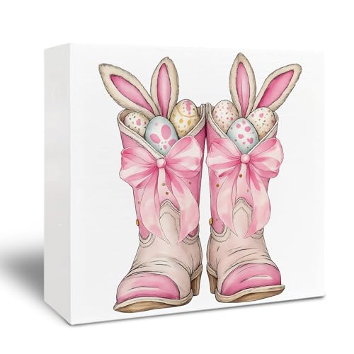 Pink Easter Wooden Signs - Easter Western Bunny Decor, Easters Decorations, Preppy Easters Desk Decor, Pink Bow Bunny Wooden Box Sign for Home Shelf Desk Table 5x5 Inch - color: Western