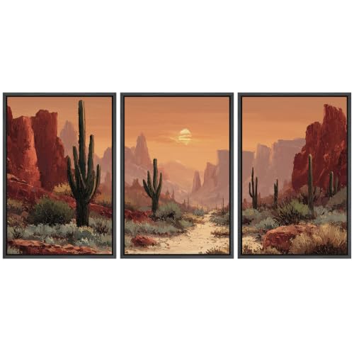 wall26 Framed Canvas Print Wall Art Set Desert Cactus Canyon Southwest Sunset Landscape Illustrations Fine Art Decorative for Living Room, Bedroom, Office - 16"x24"x3 BLACK - color: A18-2608-MAY17, size: 16" x 24" x 3 Panels BLACK