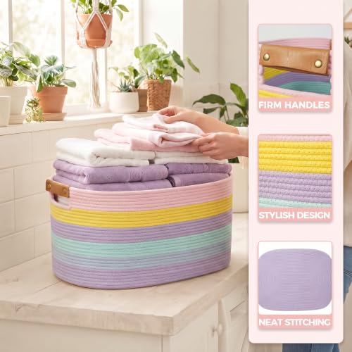 danpinera Large Laundry Basket, 108L Rectangle Woven Baskets for Storage for Living Room, Laundry, Nursery, Pillows, Baby Toy chest, Blanket Storage with Leather Handle, 25’’*16’’*16’’ Rainbow - color: Rainbow, size: 108L