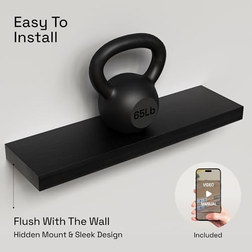 Solid Wood Floating Shelves for Wall 24 inch Black, Wooden Bathroom Shelf - color: Black, size: 24 Inch