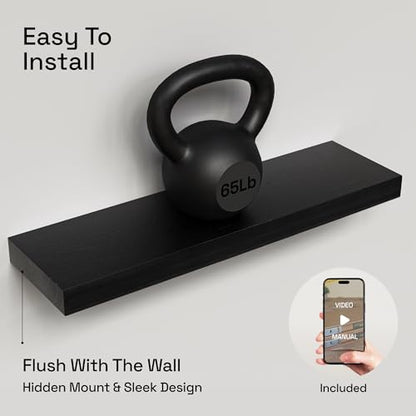 Solid Wood Floating Shelves for Wall 24 inch Black, Wooden Bathroom Shelf - color: Black, size: 24 Inch