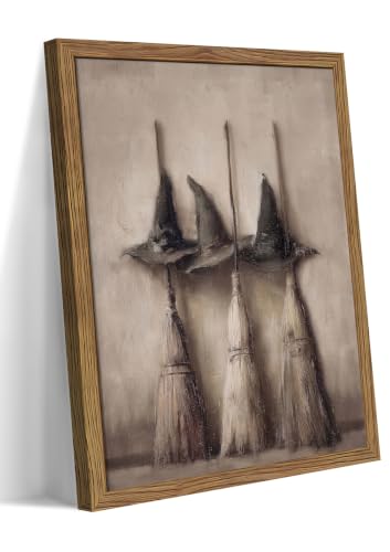 Vintage Halloween Witch Hat Wall Art, Spooky Brooms Print 12x16 Inch Framed - color: Hat broom, size: 16"L x 12"W