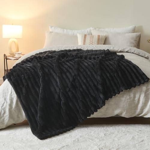 NEWCOSPLAY Fleece Ribbed Cozy Throw Blanket for Couch, Black, 50"x60" - color: Black Ribbed, size: Throw(50"x60")