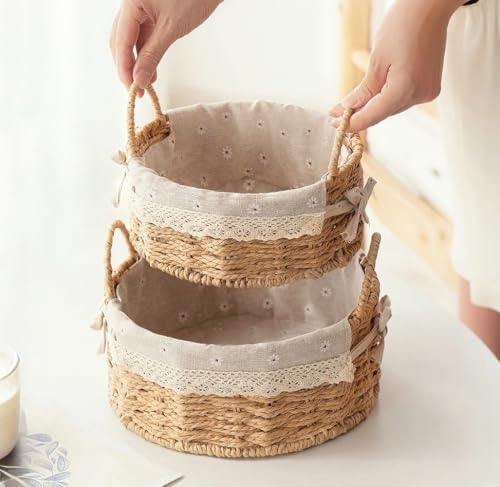 GIB Small Round Wicker Storage Baskets for Organizing with Handle and Liner - color: Beige-Round