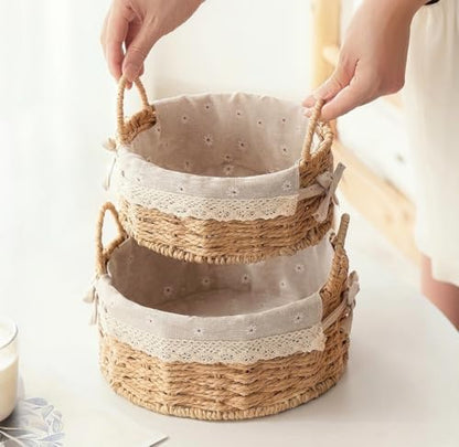 GIB Small Round Wicker Storage Baskets for Organizing with Handle and Liner - color: Beige-Round