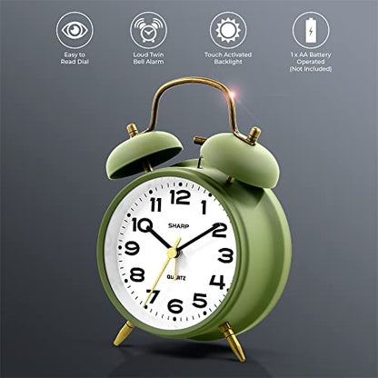 Sharp Twin Bell Alarm Clock for Heavy Sleepers, 4-Inch, Matte Sage - color: Matte Sage