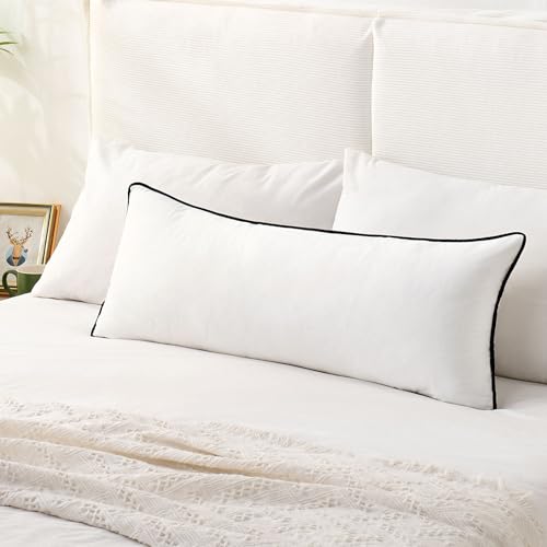 Decorative Pillow Covers White Pillow Case for Lumbar Pillow Decorative Single Rectangle Cushion Case 14x36 Inch Velvet Pillow Covers Elegant Pillowcase with Black Trim Edge Modern Boho Home Decor - color: White, size: 36" x 14" (Pack of 1)
