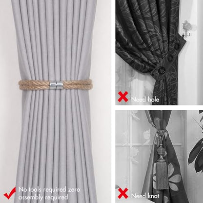 NICEEC 2 Pack Natural Jute Rope Curtain Tiebacks Elegant Boho Style Magnetic Drape Tie Backs Soft Hand-Woven Rope Curtain Holdbacks for Home & Office Drapery (Jute knot-01) - color: Jute Knot-01, size: 2 Pack