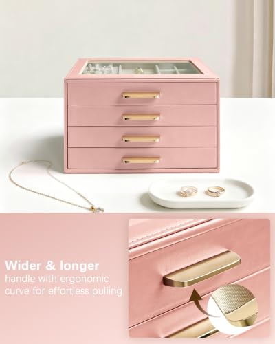 Homeanda Jewelry Boxes Organizer with Glass Lid, 4-Layer PU Leather, Pink - color: Mauve Pink, size: 4 Layer