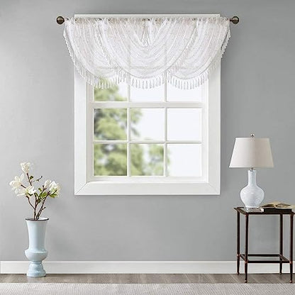 Madison Park Diamond Embroidered Sheer Ascot Valance, 38x46 White - color: White, size: 38"W x 46"L (Pack of 1)