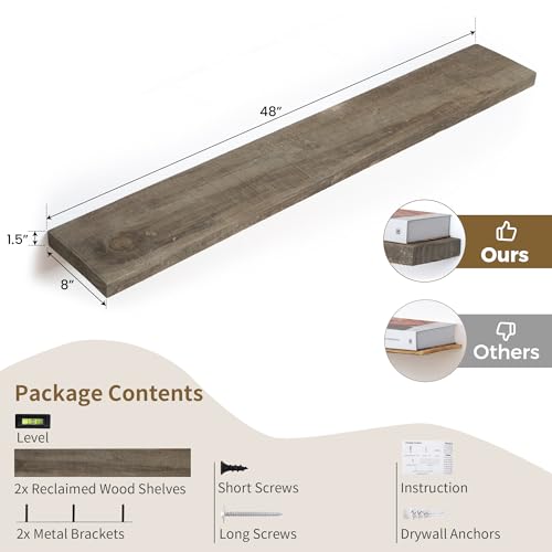 FLYJOE 48 Inch Fireplace Mantel Shelf - 8 Inch Deep Rustic Solid Reclaimed Wood Floating Shelf, Wall Mounted Farmhouse Display Shelf with Invisible Heavy Duty Metal Bracket, Set of 2, Cement Grey - color: Distressed Grey, size: 48inches-2P